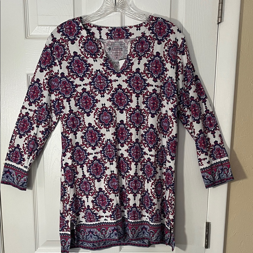 Coolibar NWOT tunic pullover St Lucia upf50 purple paisley medallion 3/4sleeve S